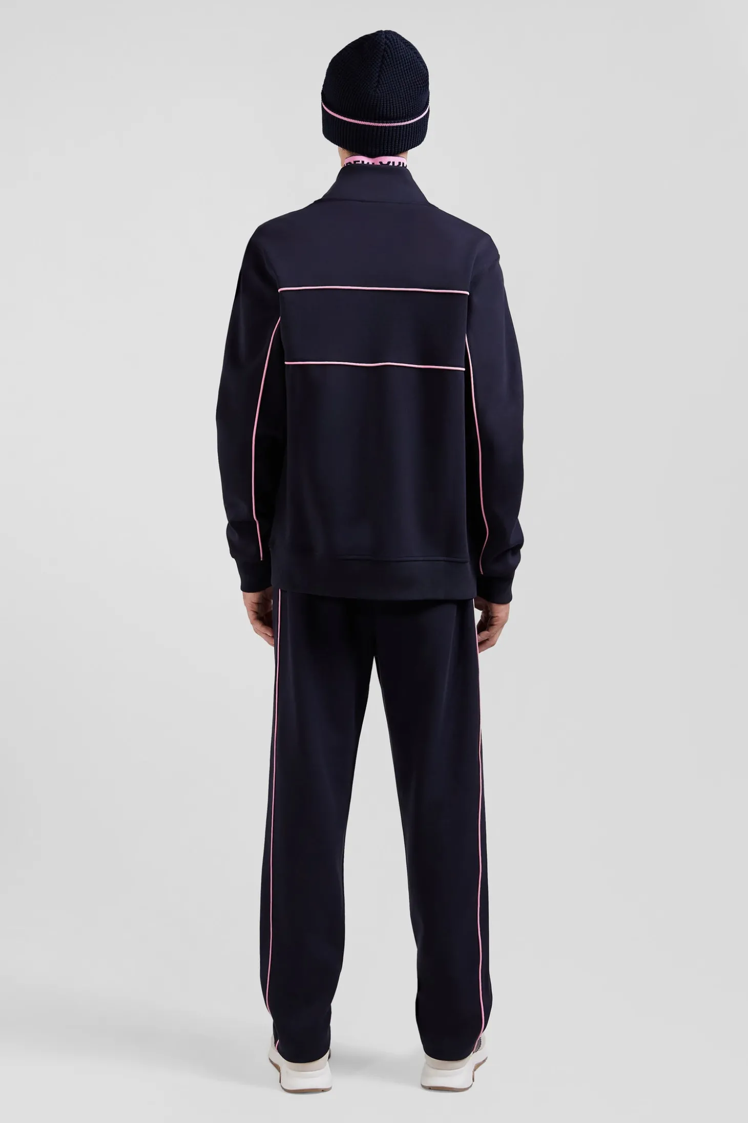 Sweatshirt zippé à col montant bleu marine passepoil rose coupe Regular