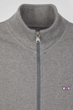 Sweatshirt zippé à col montant en molleton coton uni gris coupe Regular