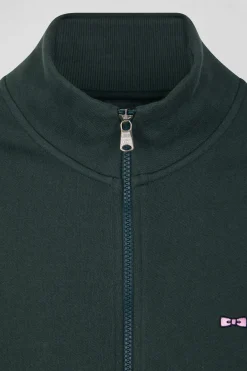 Sweatshirt zippé à col montant en molleton coton uni vert coupe Regular