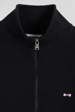Sweatshirt zippé à col montant en molleton coton uni noir coupe Regular
