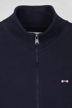 Sweatshirt zippé à col montant en molleton coton uni bleu marine coupe Regular