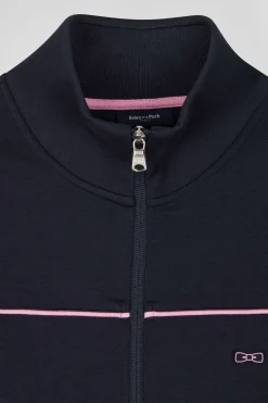 Sweatshirt zippé à col montant bleu marine passepoil rose coupe Regular