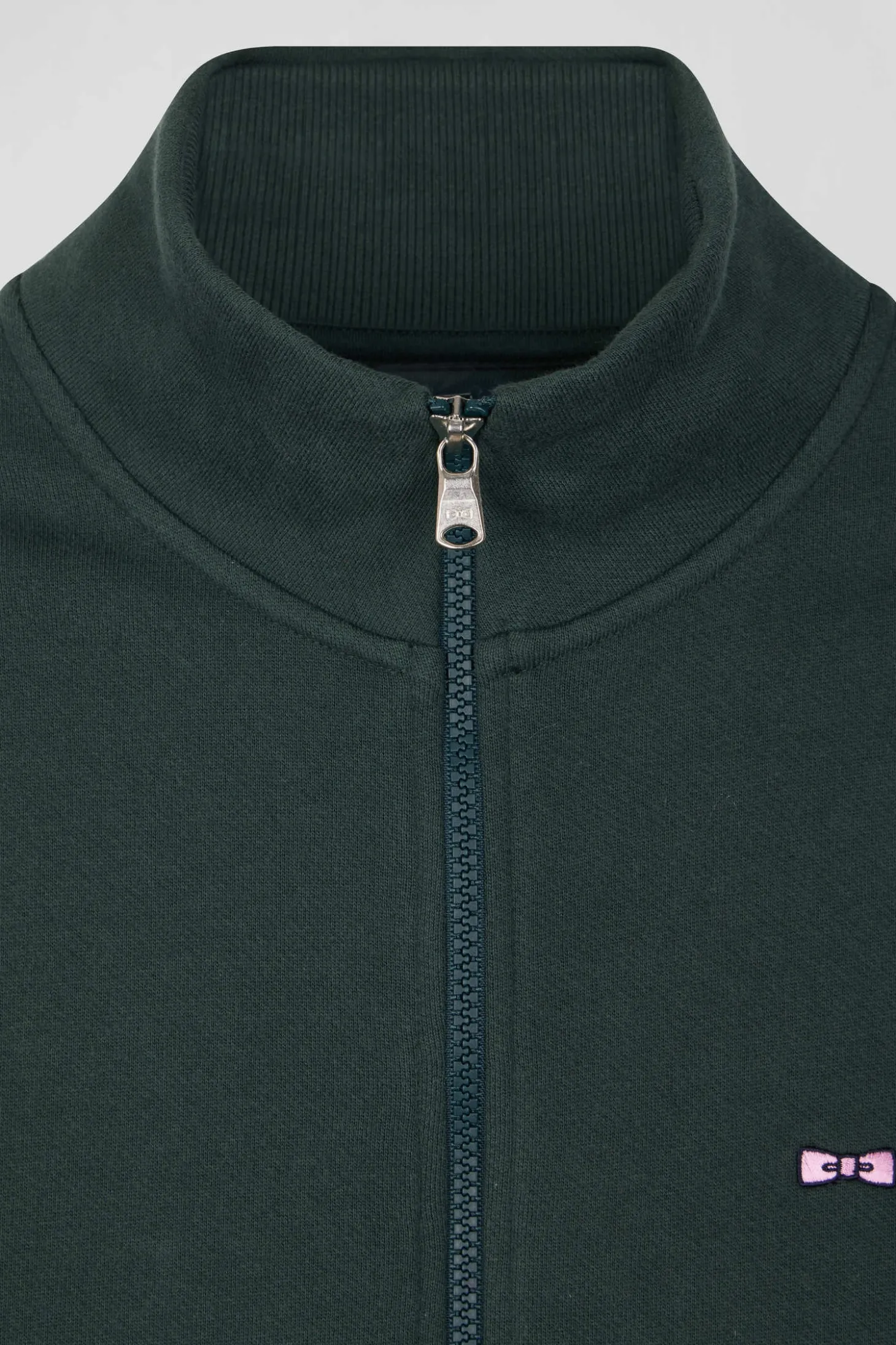 Sweatshirt zippé à col montant en molleton coton uni vert coupe Regular