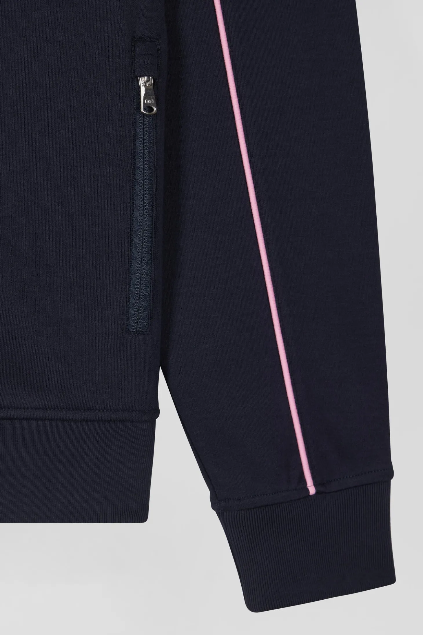 Sweatshirt zippé à col montant bleu marine passepoil rose coupe Regular