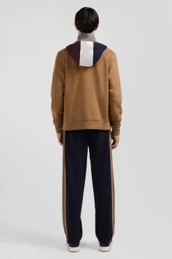 Sweatshirt zippé bimatière à parmenture matelassée camel et marine coupe Regular