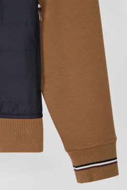Sweatshirt zippé bimatière à parmenture matelassée camel et marine coupe Regular
