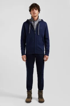 Sweatshirt zippé en maille laine et coton bleu marine coupe Regular