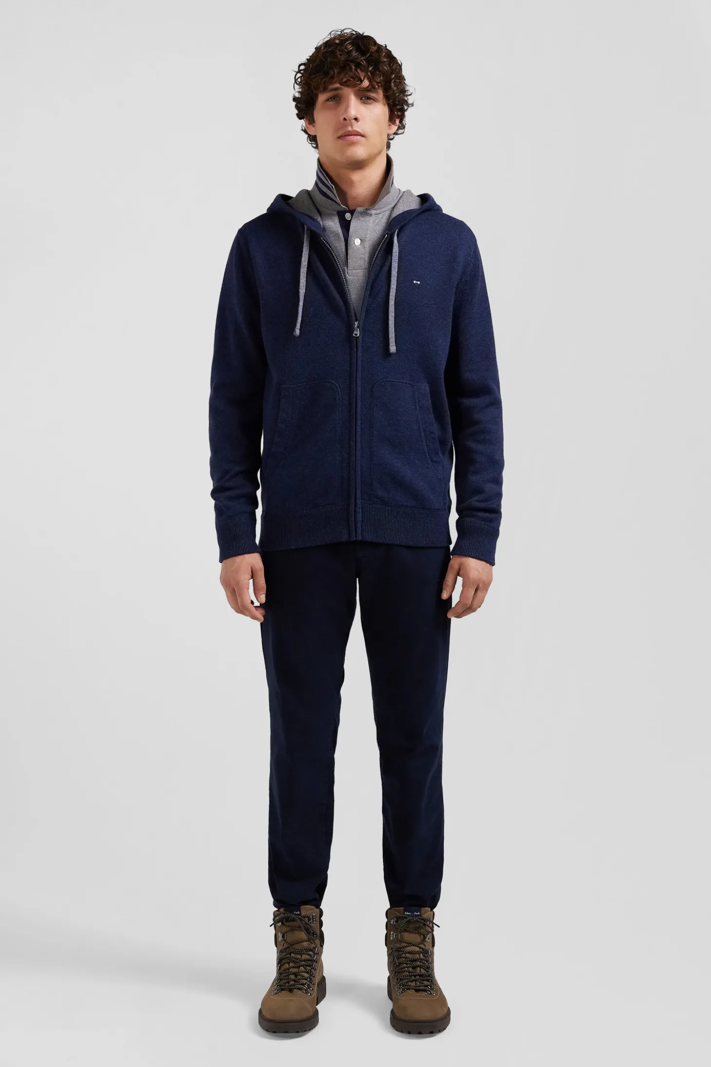 Sweatshirt zippé en maille laine et coton bleu marine coupe Regular