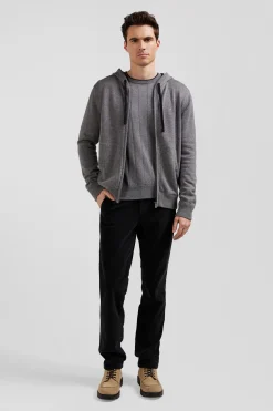 Sweatshirt zippé en maille laine et coton gris coupe Regular