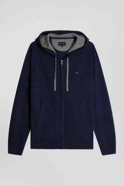 Sweatshirt zippé en maille laine et coton bleu marine coupe Regular