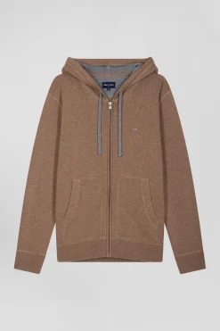 Sweatshirt zippé en maille laine et coton marron coupe Regular