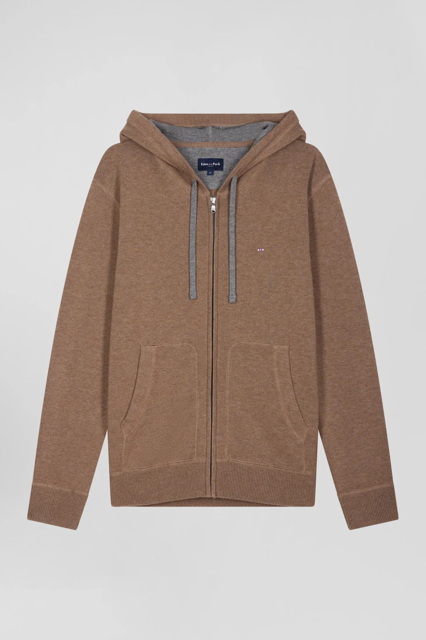Sweatshirt zippé en maille laine et coton marron coupe Regular