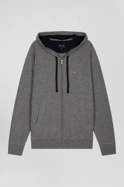 Sweatshirt zippé en maille laine et coton gris coupe Regular