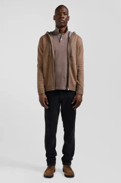 Sweatshirt zippé en maille laine et coton marron coupe Regular