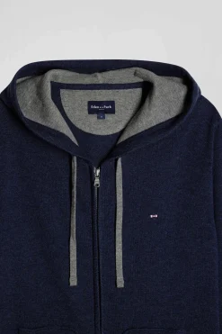 Sweatshirt zippé en maille laine et coton bleu marine coupe Regular