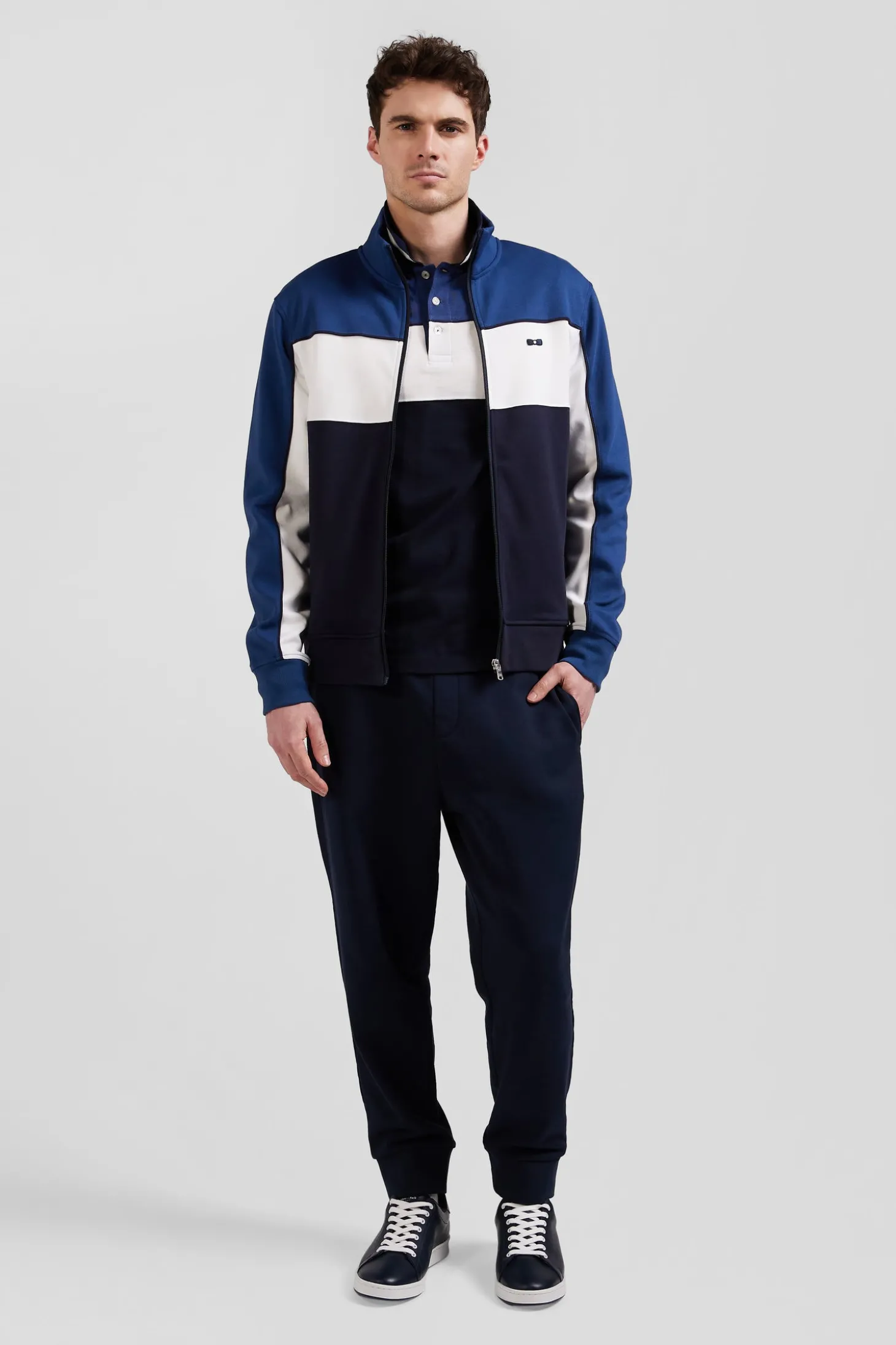 Sweatshirt zippé tricolore en coton mélangé bleu coupe Regular