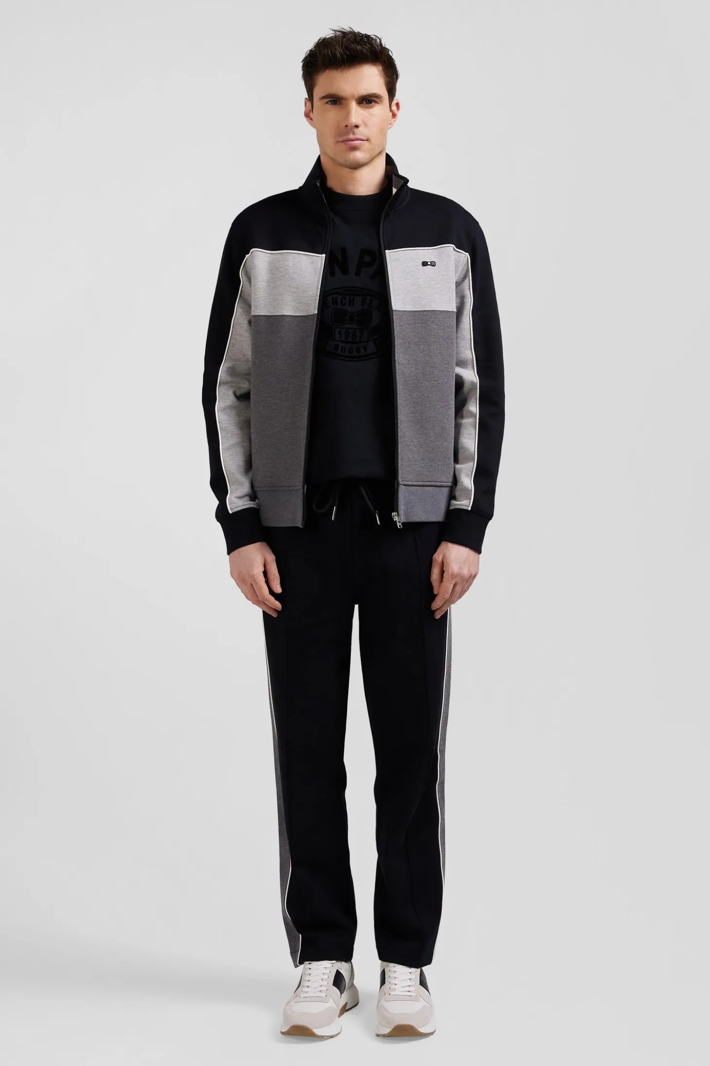 Sweatshirt zippé tricolore en coton mélangé noir coupe Regular