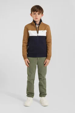 Sweatshirt zippé tricolore à col montant en coton mélangé camel coupe Regular