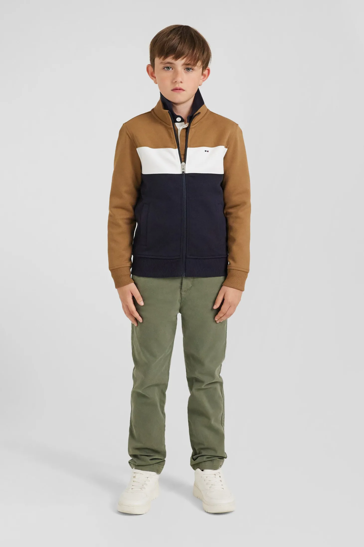 Sweatshirt zippé tricolore à col montant en coton mélangé camel coupe Regular