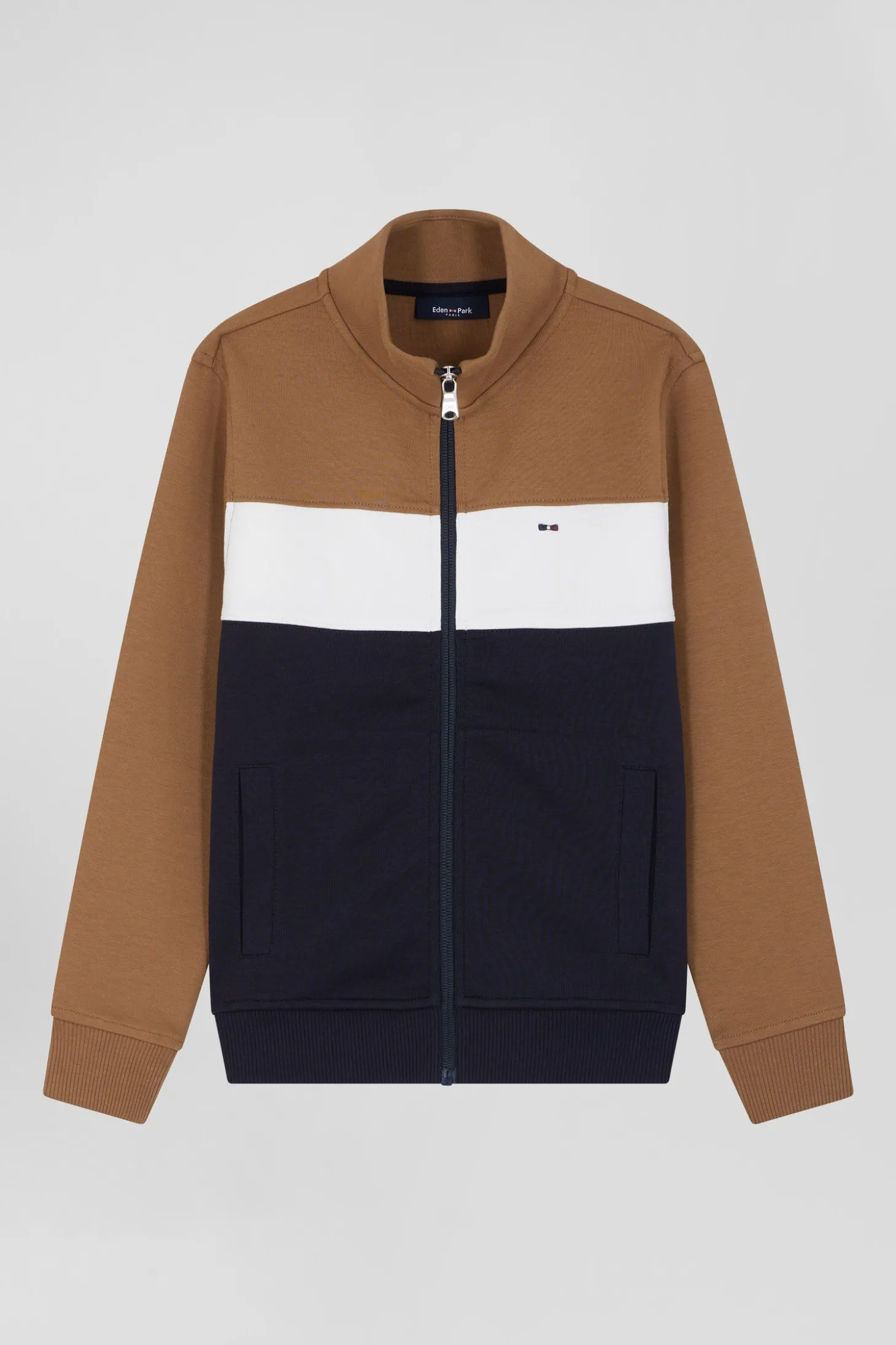 Sweatshirt zippé tricolore à col montant en coton mélangé camel coupe Regular