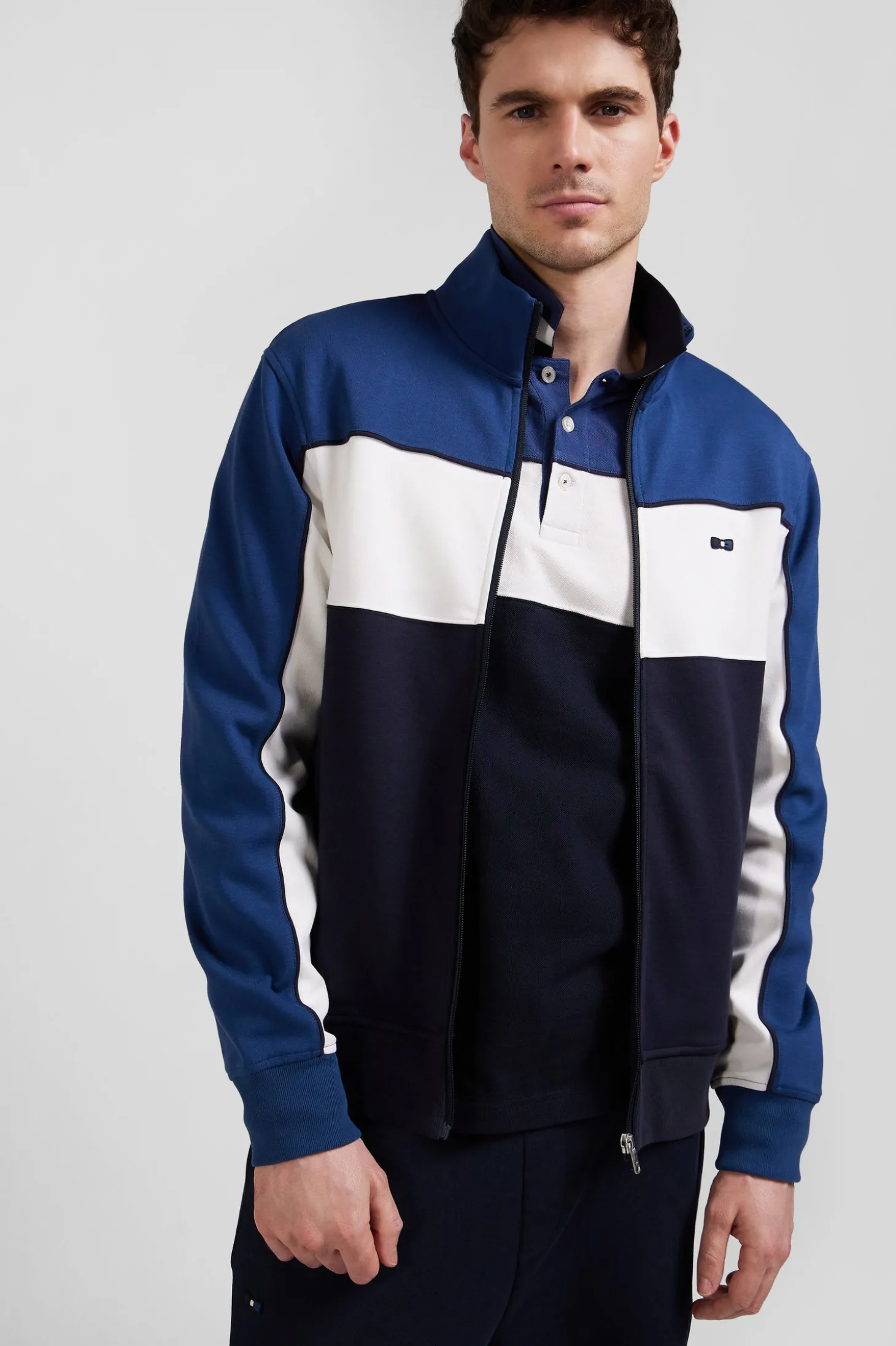 Sweatshirt zippé tricolore en coton mélangé bleu coupe Regular
