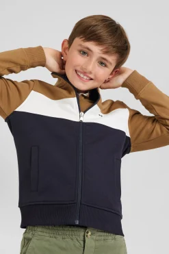 Sweatshirt zippé tricolore à col montant en coton mélangé camel coupe Regular