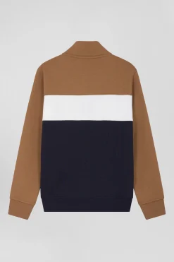 Sweatshirt zippé tricolore à col montant en coton mélangé camel coupe Regular