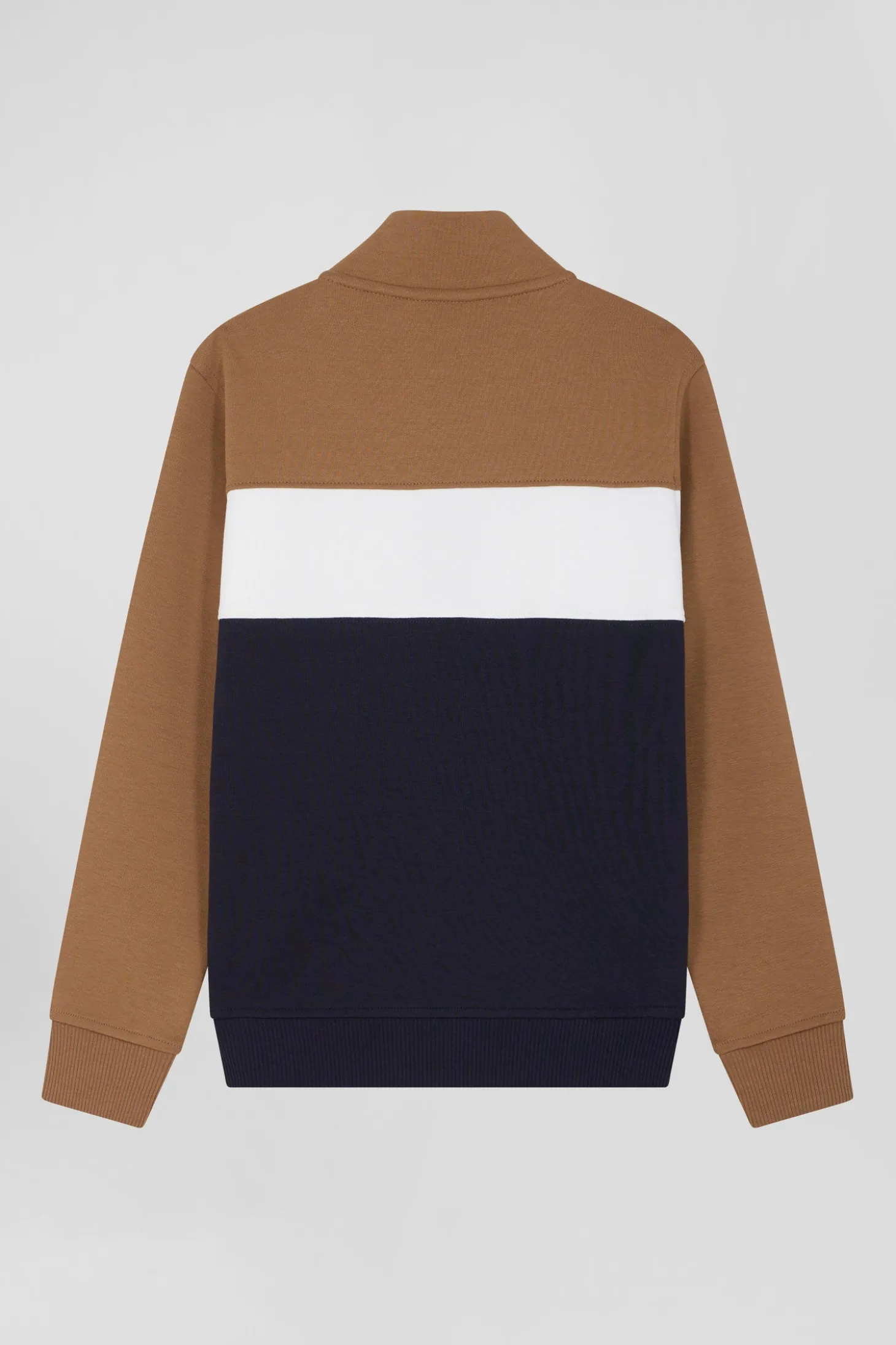Sweatshirt zippé tricolore à col montant en coton mélangé camel coupe Regular