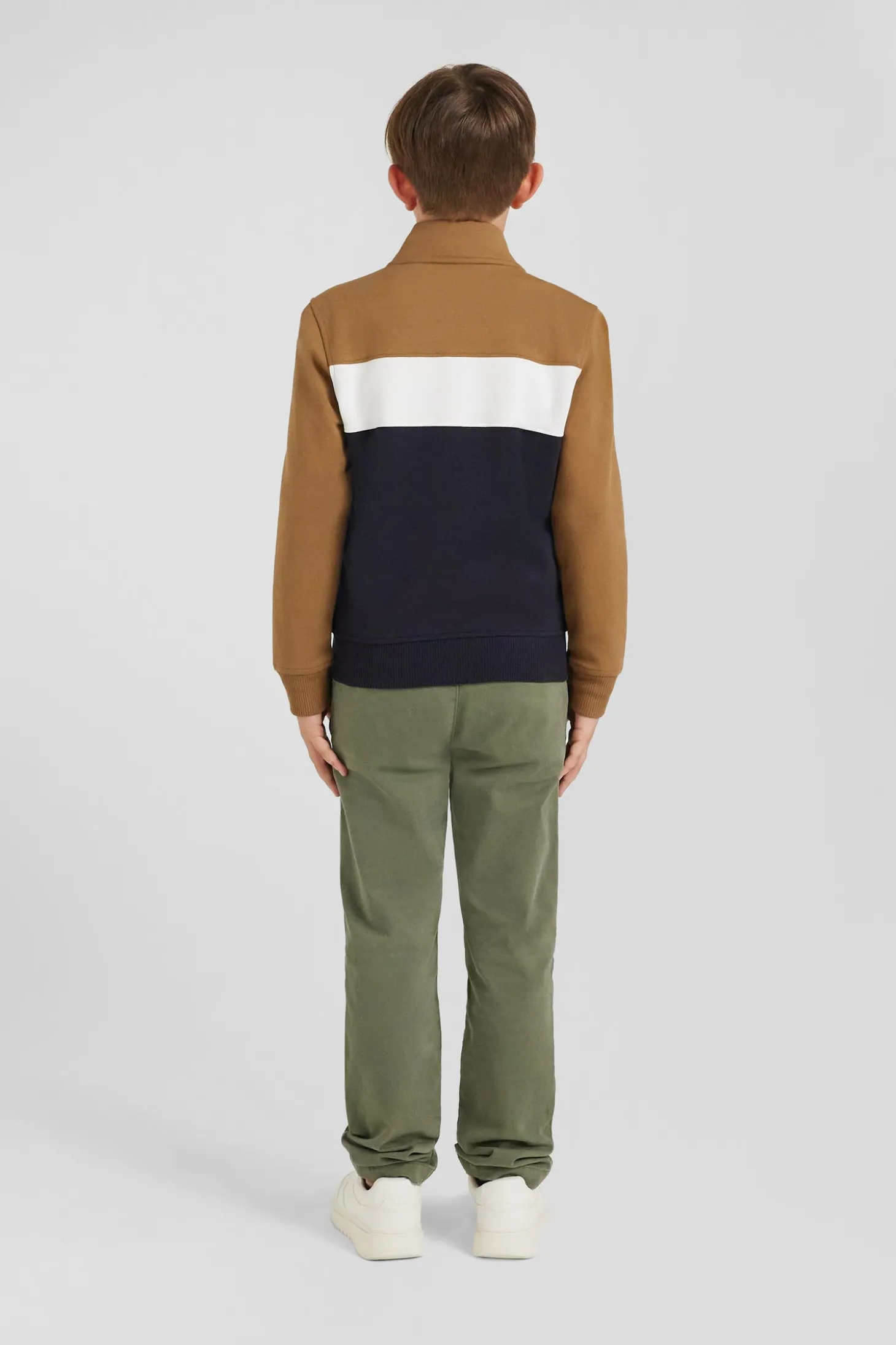 Sweatshirt zippé tricolore à col montant en coton mélangé camel coupe Regular