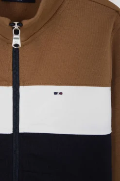 Sweatshirt zippé tricolore à col montant en coton mélangé camel coupe Regular