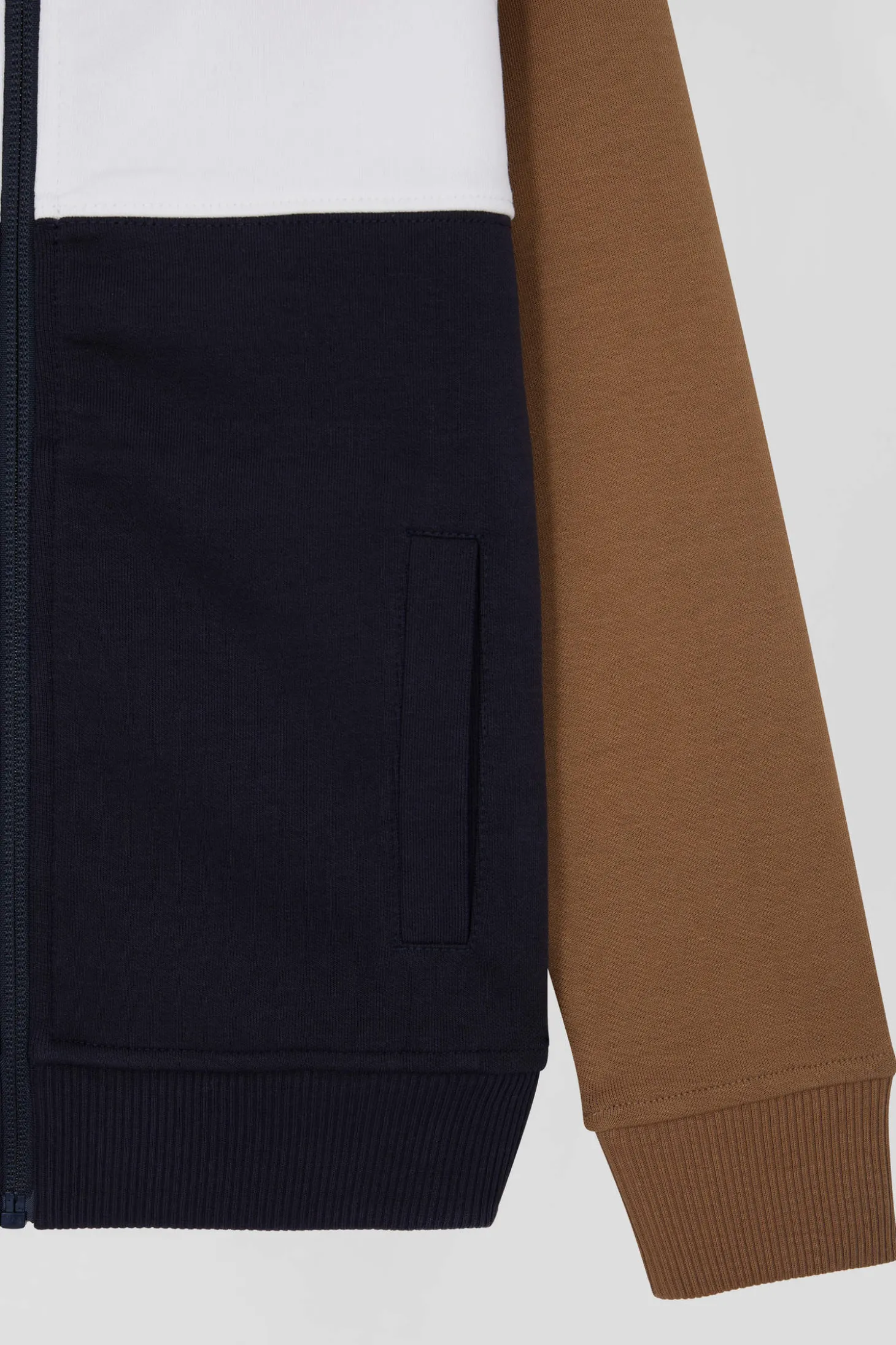 Sweatshirt zippé tricolore à col montant en coton mélangé camel coupe Regular