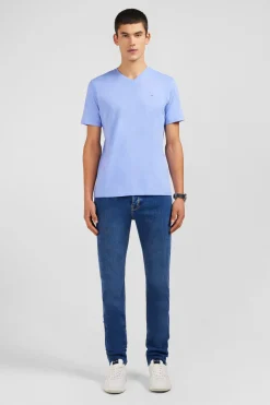 T-shirt bleu col V à manches courtes