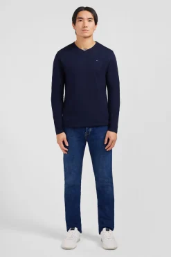 T-shirt bleu marine col V à manches longues