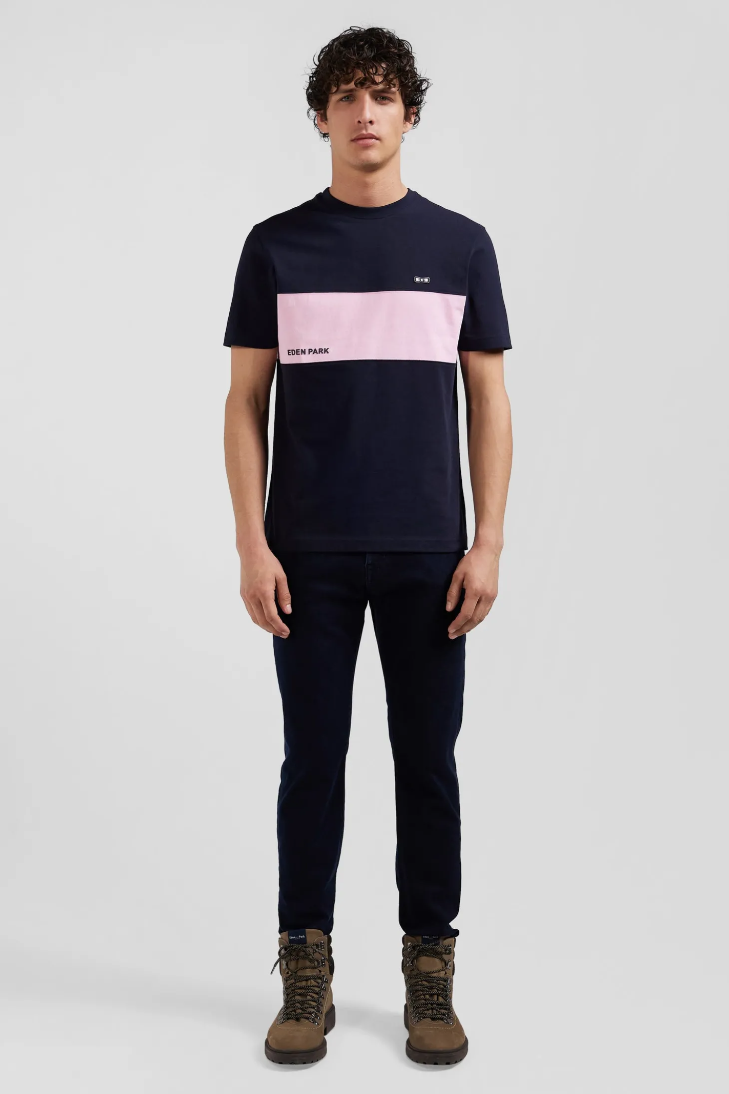 T-shirt manches courtes bicolore en coton bleu marine et rose coupe Regular