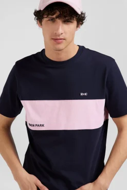 T-shirt manches courtes bicolore en coton bleu marine et rose coupe Regular