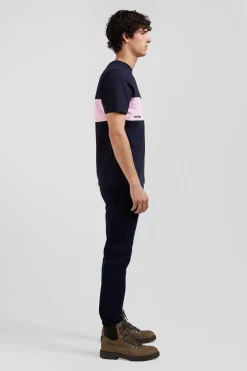 T-shirt manches courtes bicolore en coton bleu marine et rose coupe Regular