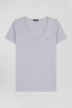 T-shirt manches courtes col V en coton gris coupe Regular