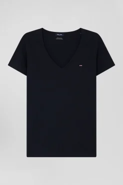 T-shirt manches courtes Col V en coton bleu marine coupe Regular