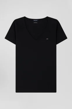 T-shirt manches courtes col V en coton noir coupe Regular