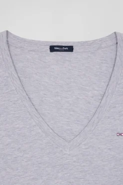 T-shirt manches courtes col V en coton gris coupe Regular