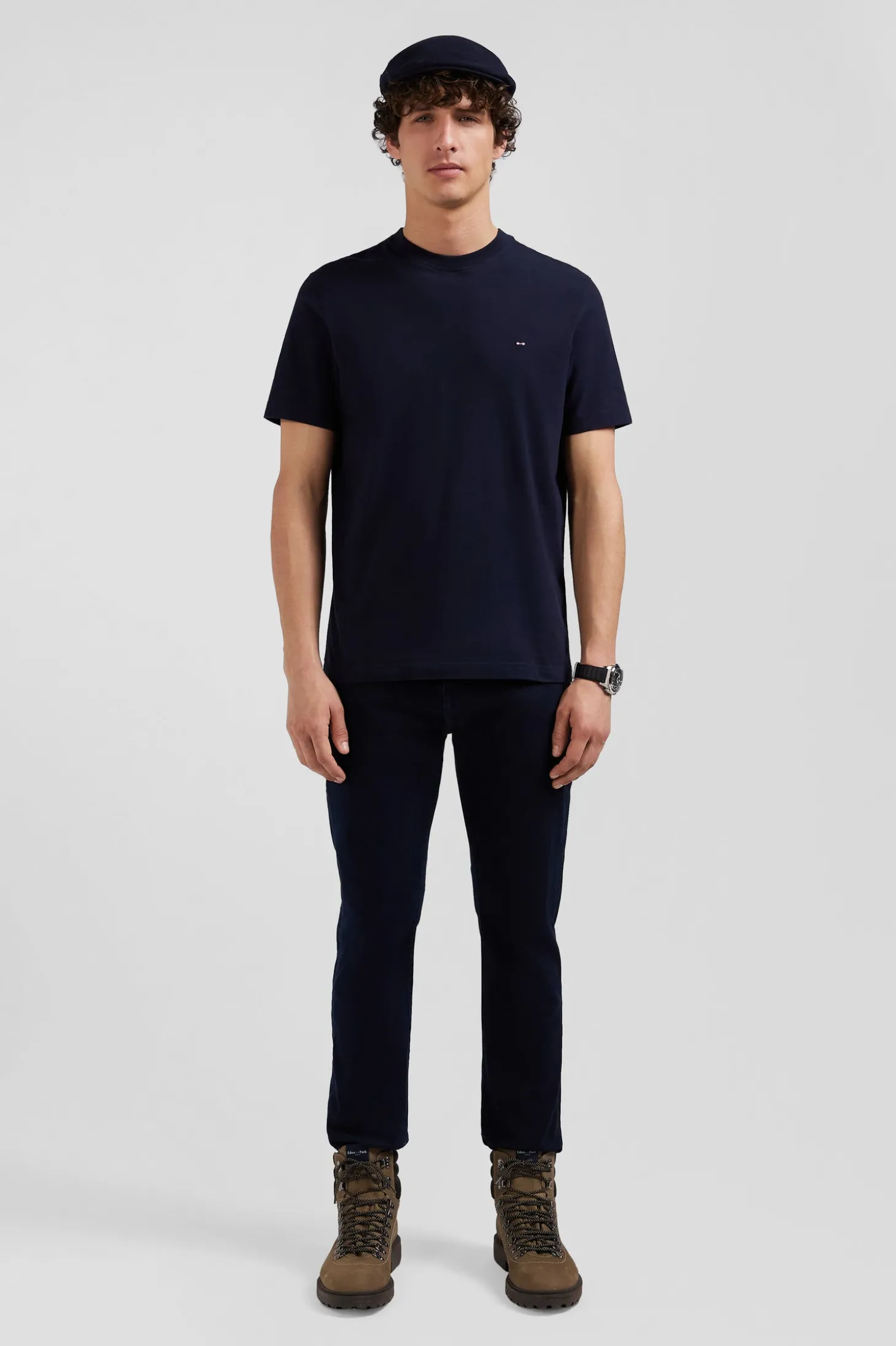 T-shirt manches courtes en coton bleu marine patch dos coupe Regular