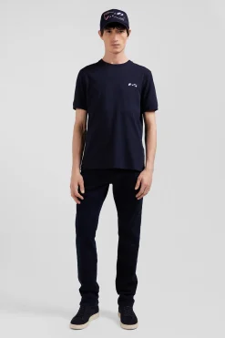 T-shirt manches courtes en coton bleu marine broderie cerclée coupe Regular