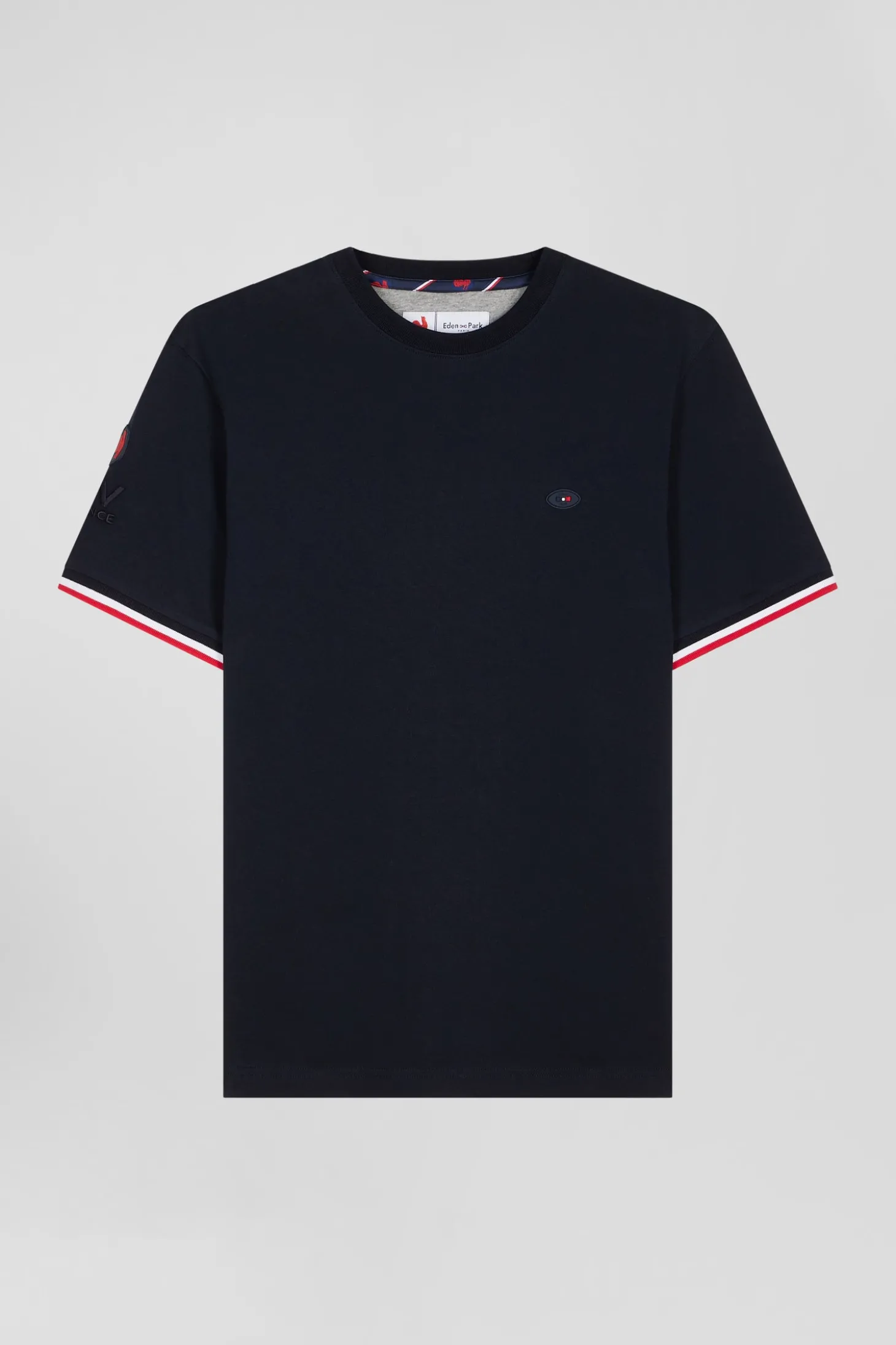 T-shirt manches courtes en coton bleu marine broderie tricolore XV de France coupe Regular