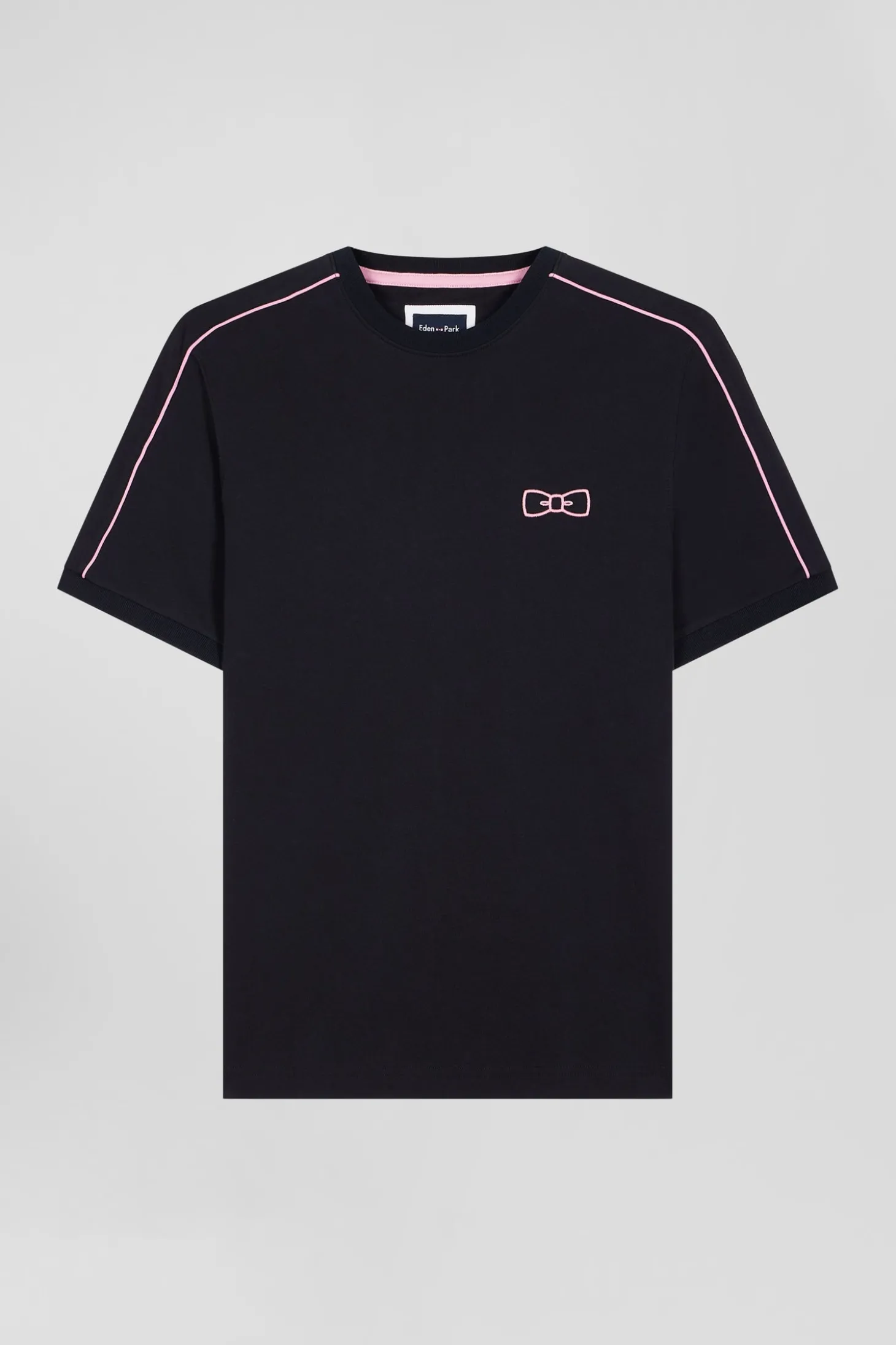 T-shirt manches courtes en coton bleu marine passepoil rose coupe Regular