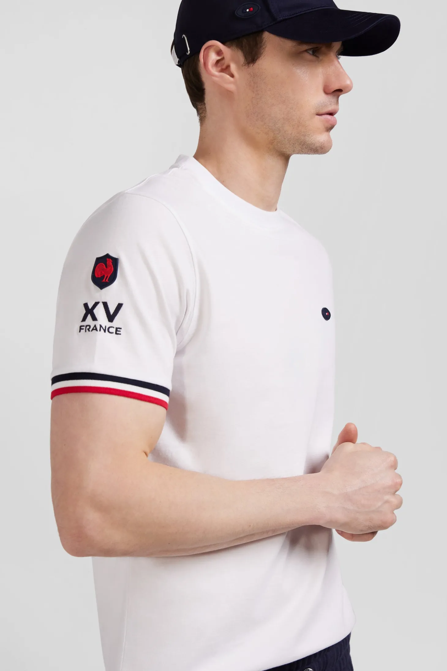 T-shirt manches courtes en coton blanc broderie tricolore XV de France coupe Regular