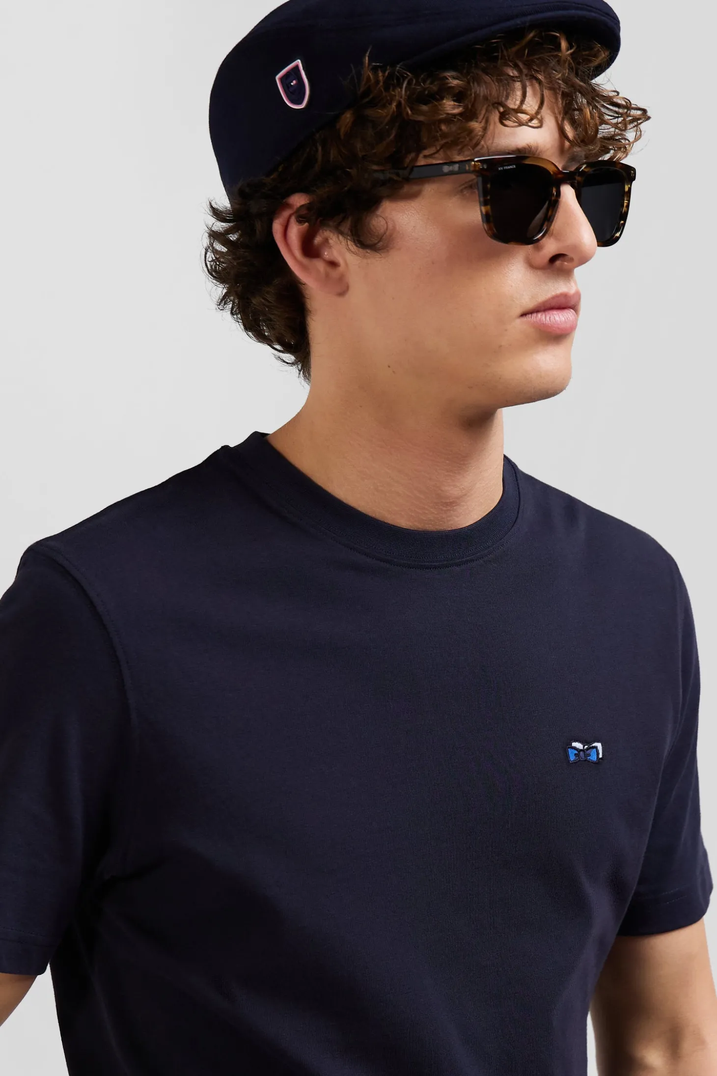 T-shirt manches courtes en coton bleu marine broderie dos coupe Regular