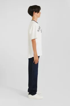 T-shirt manches courtes en coton écru brodé coupe Oversized