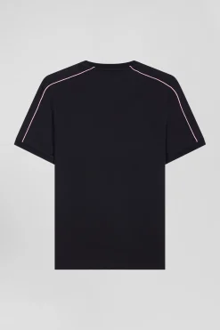 T-shirt manches courtes en coton bleu marine passepoil rose coupe Regular