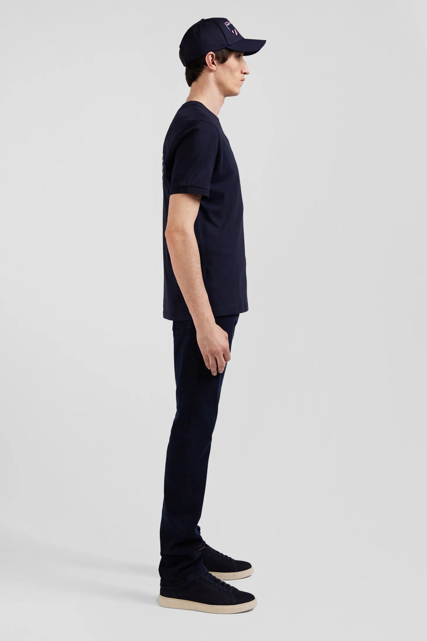 T-shirt manches courtes en coton bleu marine broderie cerclée coupe Regular