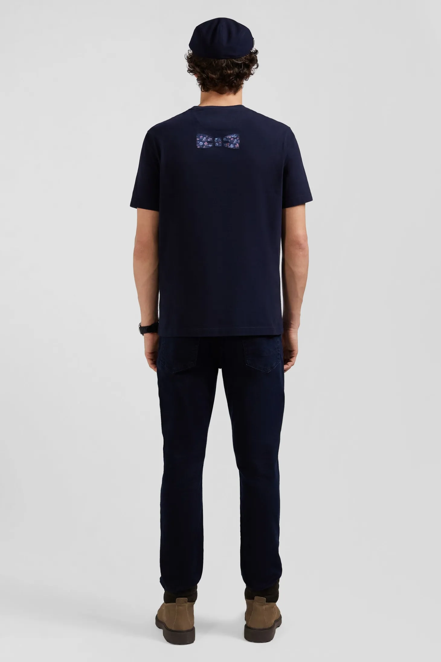T-shirt manches courtes en coton bleu marine patch dos coupe Regular